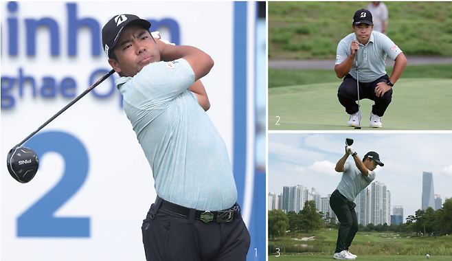 1 2번 홀에서 드라이버 샷을 날리고 있는 히가 가즈키. 2 히가 가즈키는 드라이버부터 퍼팅에 이르기까지 균형잡힌 경기력으로 통산 8승을 올렸다. 3 키 158㎝의 작은 거인 히가 가즈키./사진 KPGA