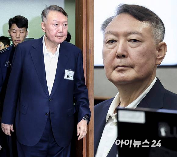 윤석열 전 대통령이 26일 서울 서초구 서울중앙지법에서 열린 특수공무집행방해, 직권남용 권리행사방해 등 혐의 사건 첫 공판에 출석하고 있다. [사진=사진공동취재단]