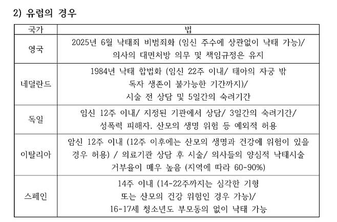 태아여성보호국민연합의 '낙태에 있어서 태아 생명권과 여성의 자기결정권' 학술세미나 자료 중 해외 사례 부분. 태아여성보호국민연합 제공