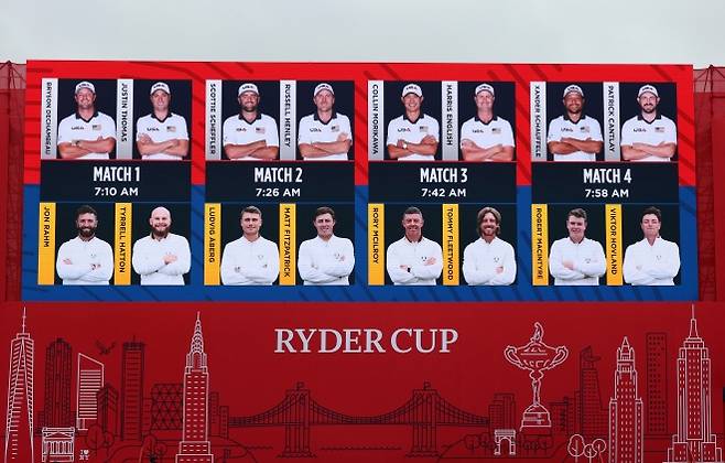 GOLF-RYDERCUP/ - Golf - The 2025 Ryder Cup - Bethpage Black Golf Course, Farmingdale, New York, United States - September 25, 2025 General view of images of the pairings for the morning Foursomes matches REUTERS/Paul Childs    <Copyright (c) Yonhap News Agency prohibits its content from being redistributed or reprinted without consent, and forbids the content from being learned and used by artificial intelligence systems.>