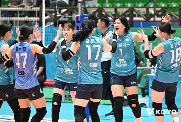 27일 여수진남체육관에서 치러진 한국도로공사와의 2025 여수·NH농협컵 프로배구대회 여자부 준결승전에서 GS칼텍스 선수단이 득점 후 기뻐하고 있다.&nbsp;/사진=한국배구연맹