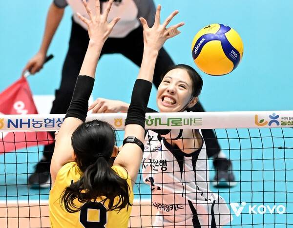 27일 여수진남체육관에서 치러진 현대건설과의 2025 여수·NH농협컵 프로배구대회 여자부 준결승전에서 IBK기업은행의 육서영이 공격을 시도하고 있다. /사진=한국배구연맹