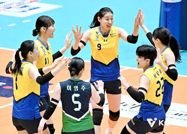 27일 여수진남체육관에서 치러진 IBK기업은행과의 2025 여수·NH농협컵 프로배구대회 여자부 준결승전에서 현대건설 선수단이 득점 후 기뻐하고 있다. /사진=한국배구연맹