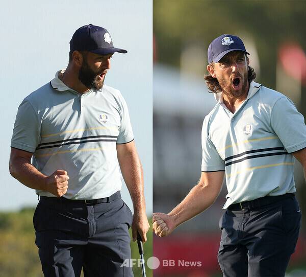 남자골프 대항전인 2025 라이더컵에 출전한 유럽 팀의 존 람(스페인), 토미 플리트우드(잉글랜드)가 첫날 경기하는 모습이다. 사진제공=ⓒAFPBBNews = News1 (사진을 무단으로 사용하지 마십시오.)