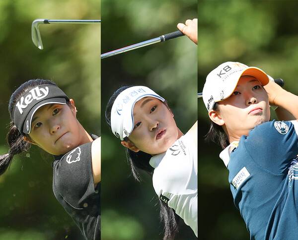 2025년 한국여자프로골프(KLPGA) 투어 메이저 대회 하이트진로 챔피언십 우승 경쟁에 뛰어든 김민별, 유현조, 방신실 프로가 3라운드에서 경기하는 모습이다. 사진제공=KLPGA (사진을 무단으로 사용하지 마십시오.)