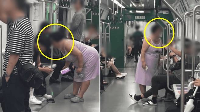 지하철에서 한 여성이 다른 승객의 얼굴 앞에 풍선껌을 불어 터뜨리는 모습 (사진, 보배드림)