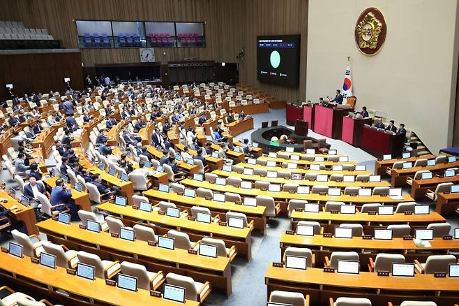 ▲ 27일서울 여의도 국회에서 열린 본회의 방송미디어 통신위원회의 설치및 운영에 관한 법류안이 통과 되고 잇다 [연합뉴스]