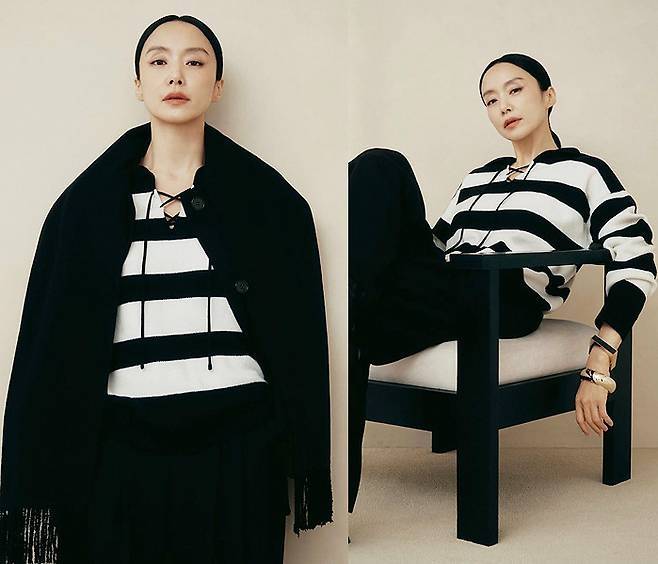 전도연이 단정한 흑백 패션만으로도 압도적인 아우라를 발산했다.사진=모에(MOE) 제공