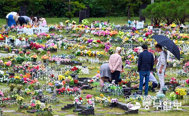 추석 연휴를 앞둔 28일 오후 용인시 처인구 용인 평온의숲에서 시민들이 가족의 묘를 찾아 성묘를 하고 있다. 임채운기자