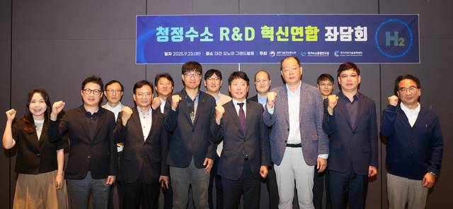‘청정수소 R&D 혁신연합 좌담회’에 참석한 주요 참석자들이 기념촬영을 하고 있다. 에너지기술연 제공.