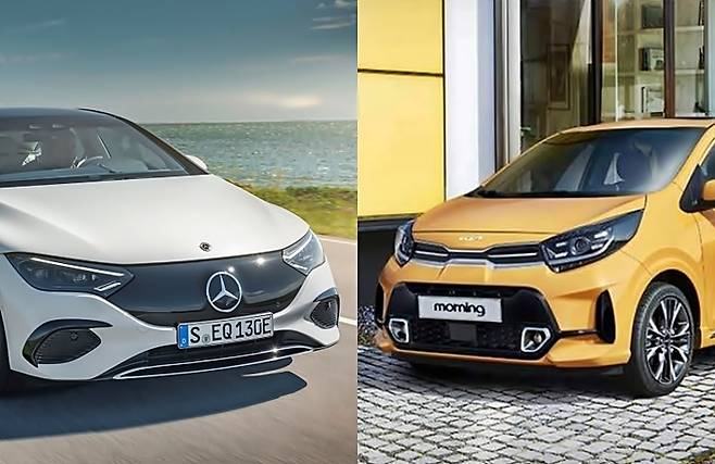 벤츠 EQE(왼쪽)와 기아 모닝 [사진출처=벤츠, 기아/ 편집=최기성 매경 디지털뉴스룸 기자]