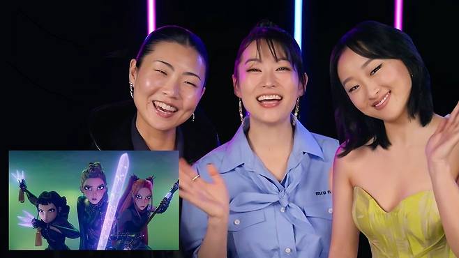 '케이팝 데몬 헌터스' 주인공 헌트릭스 3인방 성우를 맡은 한국계 미국인 배우 메이 홍, 아덴 조, 유지영(왼쪽부터). /넷플릭스