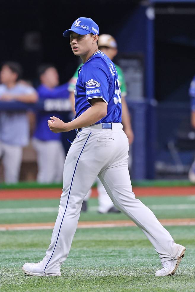 28일 고척 키움전에서 송성문을 삼진 처리한 뒤 더그아웃으로 돌아가는 배찬승. 삼성 제공
