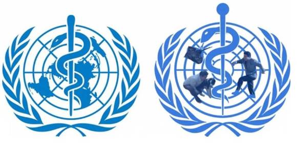 WHO(세계보건기구) 공식 로고(왼쪽)과 해당 로고에 故 노무현 전 대통령 이미지를 합성한 '일베 로고'. [사진=온라인 커뮤니티 캡처]