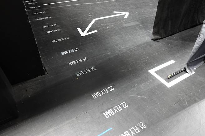 명동예술극장 무대 뒤편 동선 표시 사인의 모습.    국립극단 제공