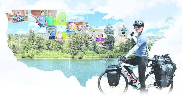 67일에 걸쳐 자전거로 미국을 동서 횡단한 강동완씨가 지난 6월 18일 몬태나주 클라크포크강변 자연을 가리키며 미소짓고 있다(큰 배경 사진). 왼쪽 첫 작은 사진은 해발 2000m에 있는 조지타운 호수채플 예배당에서 찍은 기념사진. 이어 네 장의 사진은 강씨를 환대한 현지교회 성도들, 현지인과의 인증샷들. 마지막은 지난 7월 사우스다코타주 배드랜드 국립공원에 선 강씨. 그래픽=강소연