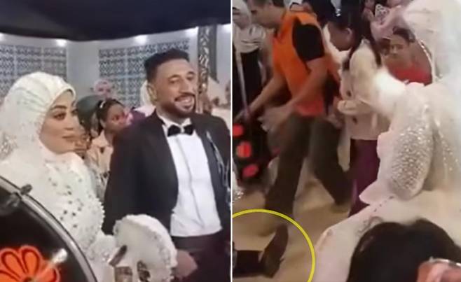 신랑이 신부와 춤추던 장면(왼쪽)과 갑자기 무대 위에 쓰러진 직후의 모습(오른쪽). 하객들은 충격 속에 구조에 나섰다. SNS 확산 영상 캡처