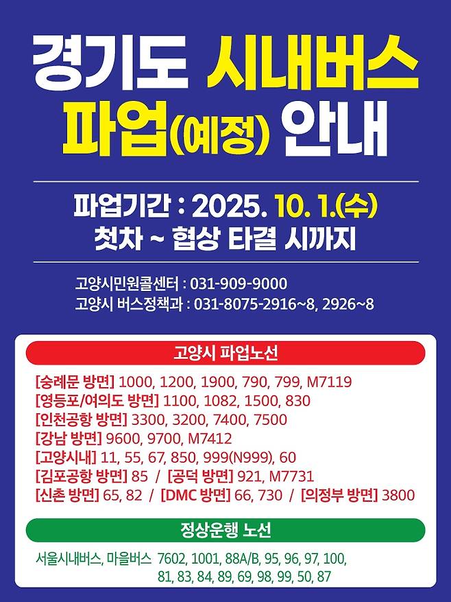 경기도 시내버스 파업 예고 예정 안내문 [고양시 제공. 재판매 및 DB 금지]
