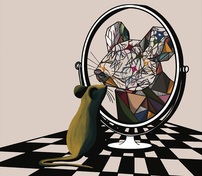 표정 변화만으로 쥐 뇌의 신경세포 사이에서 일어나는 복잡한 메커니즘을 파악하는 모습을 묘사한 그림. Carole Marchese 제공