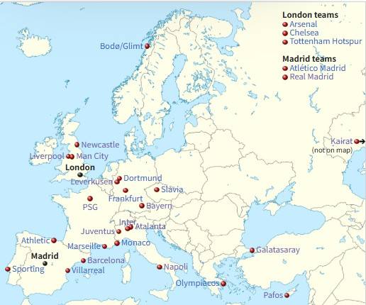 카이라트를 포함시키지 못한 UEFA 챔피언스리그 참가팀 지도. 위키피디아 캡처