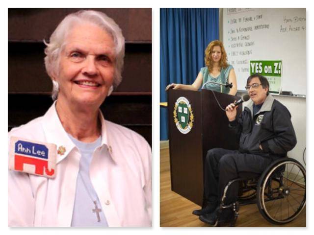 아들의 뜻을 좇아 남편 로버트와 함께 2012년 텍사스에서 '마리화나 규제에 반대하는 공화당원들(RAMP)'이란 단체를 설립해 활동 중인 리의 어머니 앤(Ann, 왼쪽). 오른쪽 사진은 옥스테르담 대학 학장 시절 강의실의 리처드 리와 그의 후임 학장 데일 스카이 존스. rampgop.org, oaksterdam.com