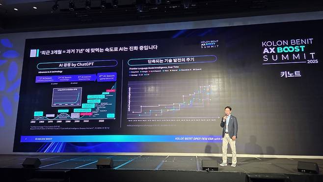 30일 서울 드래곤시티 호텔에서 열린 ‘코오롱베니트 AX 부스트 서밋 2025’에서 강이구 코오롱베니트 대표가 발언하고 있다. [코오롱베니트 제공]
