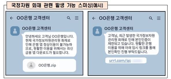 국정자원 화재 관련 발생 가능 스미싱 예시. [금융위원회 제공]