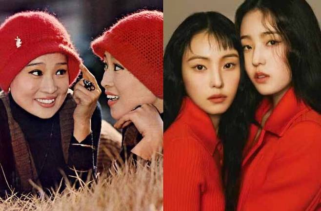 왼쪽 바니걸스 앨범 재킷, 오른쪽 ‘얼루어 코리아’ 잡지 화보 속 전소니·전주니 자매