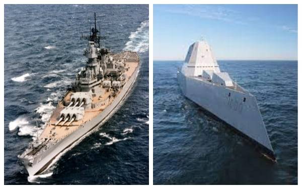 20세기 중후반 전세계 바다를 함포로 지배했던 미 해군의 전함 아이오와급 위스컨신함(좌ㆍ1988년)과 최신형 줌왈트급 미사일 발사 스텔스 구축함(2016년)/미 해군