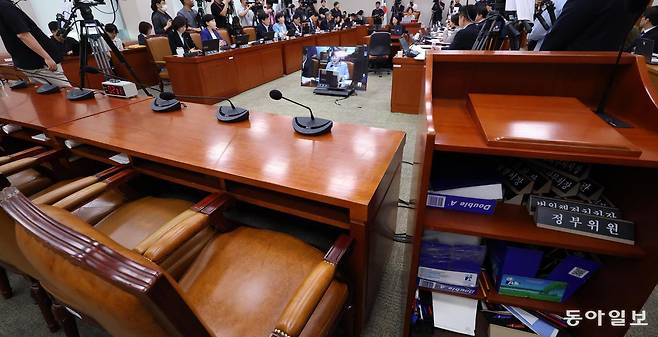 더불어민주당 주도로 국회 법제사법위원회가 조희대 대법원장에 대한 청문회를 30일 진행했다. 조 대법원장을 비롯한 오경미 이흥구 이숙연 박영재 대법관 등 관련 증인들이 대부분 불출석하면서 증인석이 텅 비어 있다. 이훈구 기자 ufo@donga.com