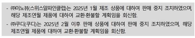 캠핑용 에어매트 폼알데하이드 검출·조치 내용. [한국소비자원 제공]