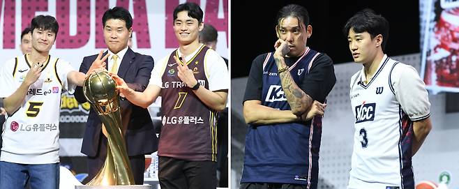 창원 LG 양준석, 조상현 감독, 유기상과 부산 KCC의 최준용, 허웅(왼쪽부터).  KBL 제공