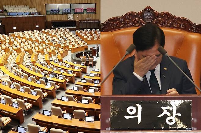 왼쪽은 김은혜 국민의힘 의원이 9월29일 텅 빈 국회 본회의장에서 '국회에서의 증언·감정 등에 관한 법률 일부개정법률안에 대한 수정안'에 대해 무제한 토론을 이어가고 있다. 오른쪽은 우원식 국회의장이 지난해 국회 본회의에서 방송문화진흥회법 필리버스터 진행 중 피곤한 듯 눈가를 만지는 모습이다. ⓒ연합뉴스