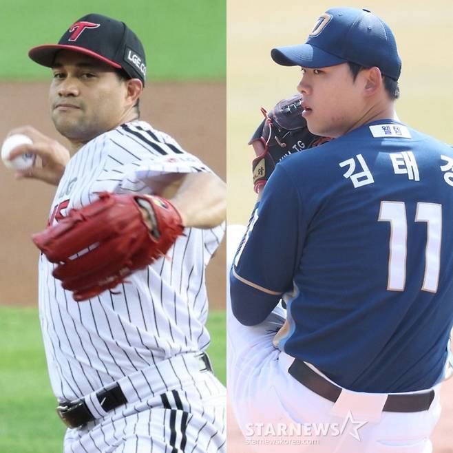 LG 요니 치리노스(왼쪽)와 NC 김태경. /사진=김진경 대기자