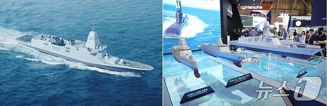 HD현대중공업의 한국형 차기 구축함(KDDX)의 조감도(왼쪽)과 한화오션의 KDDX 함정 모형(양사 제공)