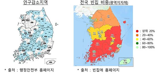 행정안전부 홈페이지에서 확인한 전국 인구감소지역 현황과 빈집애(愛) 홈페이지에서 확인한 전국 빈집 현황. /국토교통부 제공