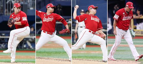 SSG 랜더스가 불펜의 힘으로 점수를 틀어막는 ‘짠물 야구’로 준플레이오프에 상륙했다. SSG의 불펜 평균자책점은 3.34로 10개 구단 중 가장 낮다. 사진 왼쪽부터 이로운·김민·조병현·노경은. 지난달 30일 키움전 때 모습이다. [사진 SSG]