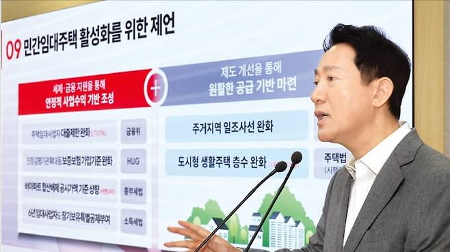 오세훈 서울시장이 1일 ﻿건축 규제 완화, 금융 지원 확대 등을 핵심으로 하는 ‘등록 민간임대주택 활성화 방안’을 발표하고 있다. 오 시장은 “민간임대 규제와의 전쟁에 나서겠다”고 강조했다.  /연합뉴스