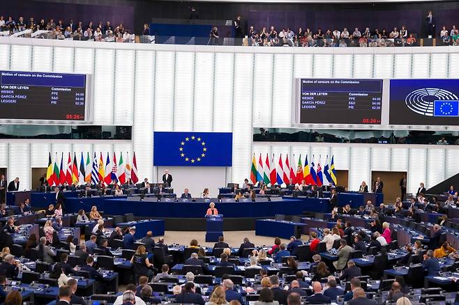 우르줄라 폰데어라이엔 유럽연합(EU) 집행위원장이 2025년 7월 7일 프랑스 스트라스부르 유럽의회 본회의에서 연설하고 있다. (사진=연합뉴스