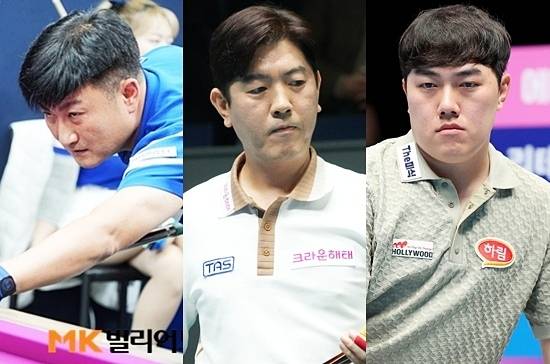 프로당구팀 캡틴 (왼쪽부터) 이충복(하이원리조트) 김재근(크라운해태) 김준태(하림)가 2일 ‘25/26 크라운해태PBA챔피언십’ 64강전에서 나란히 승리, 32강에 진출했다. (사진=MK빌리어드뉴스DB, PBA)