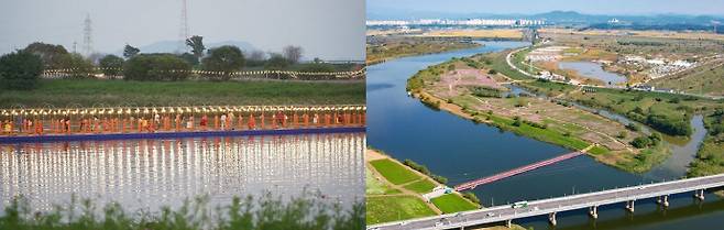 추석 연휴의 마무리로 '나주 영산강 문화축제'를 추천한다. 고운 꽃으로 가득 찬 들판과 흘러가는 영산강을 보며 평온하고 느릿한 여유를 즐길 수 있다.사진은 축제장 입구를 연결하는 '폰툰다리'(왼쪽)와 하늘에서 본 축제장의 모습. /나주시 제공