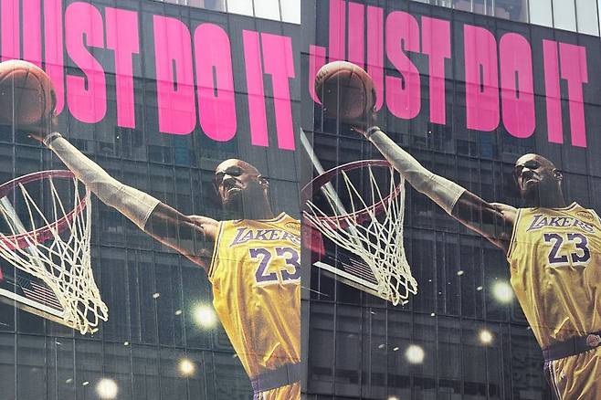 아이폰 17 프로 맥스(왼쪽)와 갤럭시 S25 울트라로 촬영한 르브론 제임스 나이키 광고판 사진. 사진=구자윤 기자