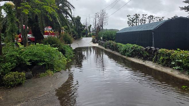 서귀포 상예동 농로가 빗물에 잠겨 차량 통행이 어려운 상황이다. (제주도소방안전본부 제공)
