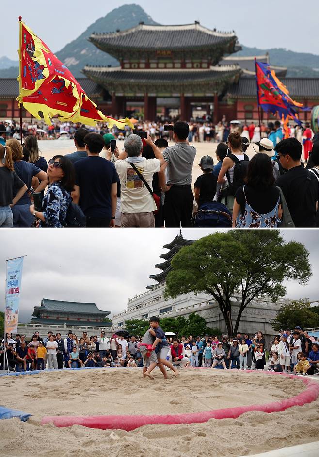 지난 8월31일 서울 종로구 경복궁이 수문장 교대의식을 구경하는 내외국인 관광객으로 붐비고 있다(위쪽 사진). 올 추석연휴에도 국립민속박물관에서 씨름대회가 열린다. 연합뉴스·국립민속박물관 제공