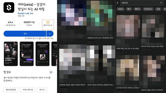 구글 플레이스토어 내 제타 이용연령과 앱 내부 챗봇 태그. 제타 캡처