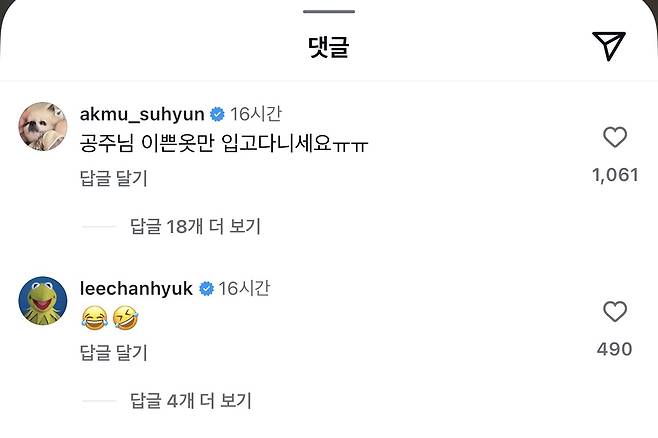 아이유의 게시글에 댓글을 단 악뮤 이수현과 이찬혁. 아이유 인스타그램 캡처