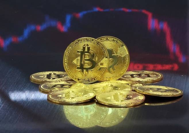 서울 서초구 빗썸라운지 강남본점에서 비트코인 모형이 놓인 바닥에 코인 시세 그래프가 비치는 모습. 뉴스1