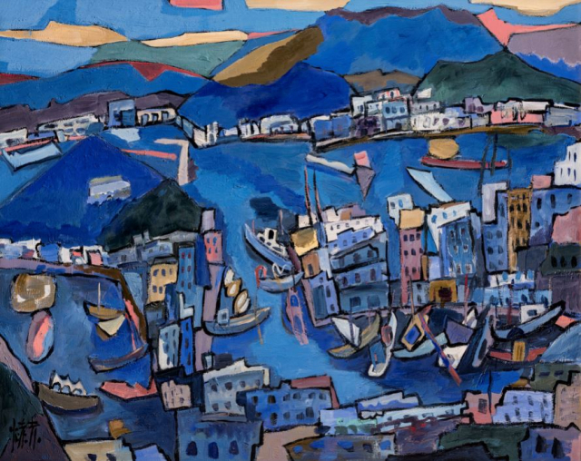 국현미 덕수궁에서 열리고 있는 광복 80주년 특별전 '향수, 고향을 그리다'전에서 만날 수 있는 전혁림의 '통영풍경(1992)' /제공=통영시청