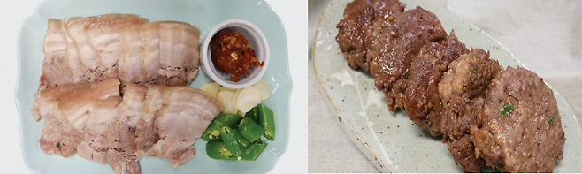 돼지고기 수육(왼쪽·300g 937kcal)과 떡갈비(오른쪽·200g 403kcal). [식품의약품안전처]