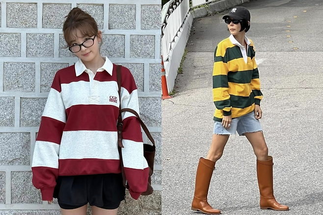 (왼쪽) 레드벨벳 슬기와 (오른쪽) 김나영이 사복 패션으로 럭비 티셔츠를 착용한 모습 [사진 = 슬기, 김나영 인스타그램 캡처]